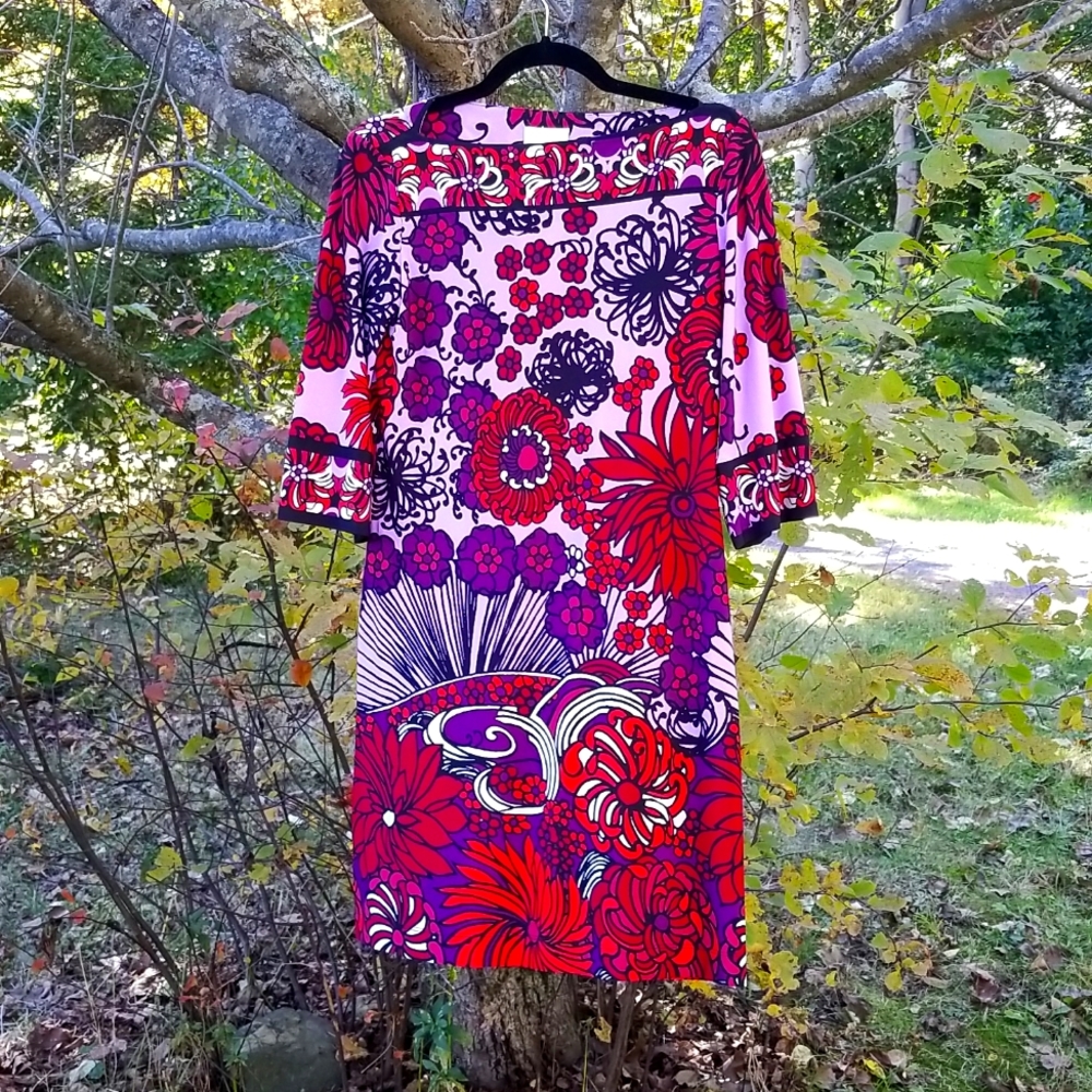 DM Donna Morgan 3/4 Sleeve Psychedlic Floral Mod GoGo Shift Dress 8